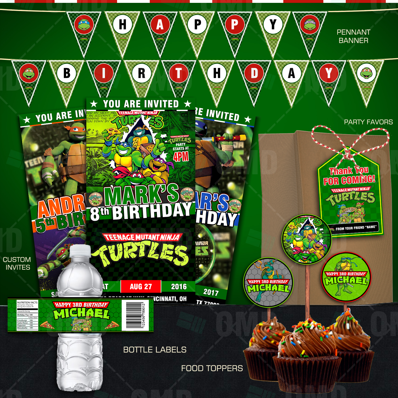 TMNT INSPIRED Teenage Mutant Ninja Turtle Happy Birthday Party or Baby  Shower Invitations Set of 12 1 Dozen Party Packs Available 