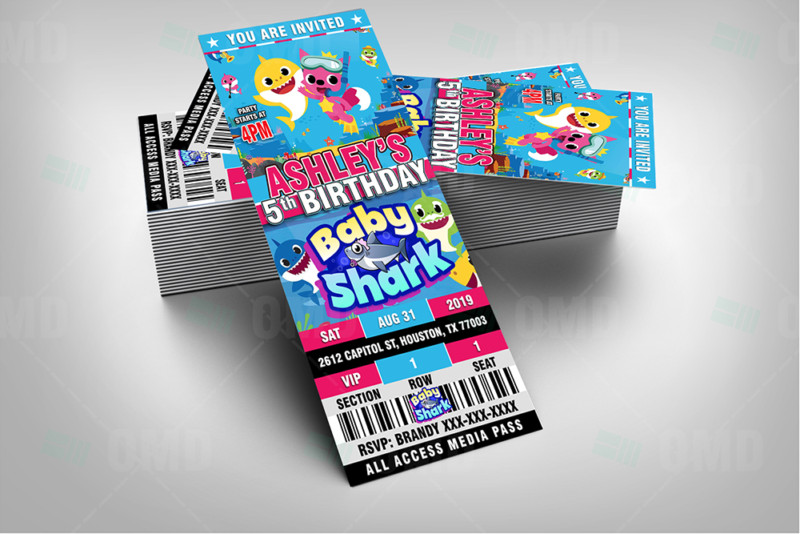 Baby Shark Ticket Style Birthday Cartoon Invitations – Cartoon Invites